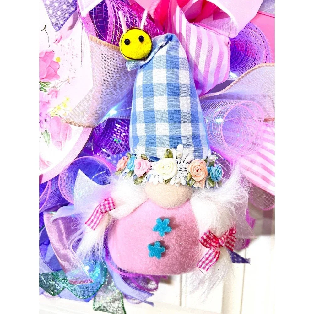 Handmade Spring Floral Bee Gnome Prelit Ribbon Wreath 22 in LED W1